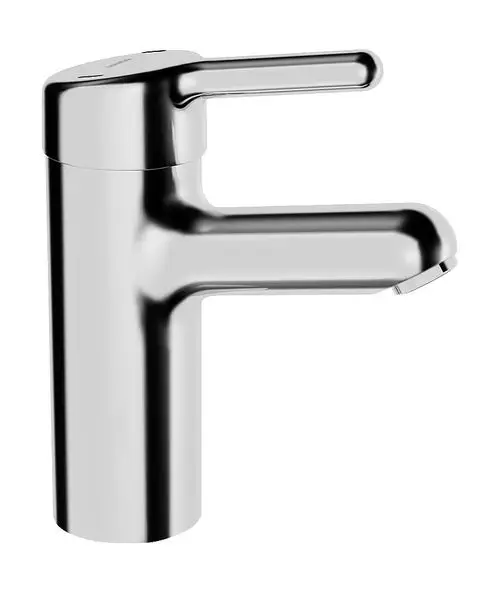Edelstahl-Heizkörper mit glatter Oberfläche und einseitigem Auslass, montiert in einem modernen Bad. HANSAMEDIPRO Wasserhahn mit Hebel zur Steuerung des Wasserflusses.